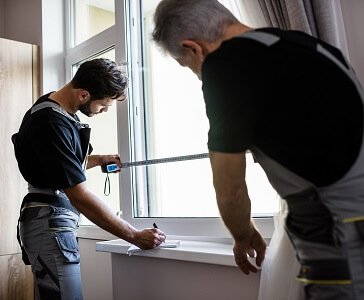Stock image of two people measuring a window
