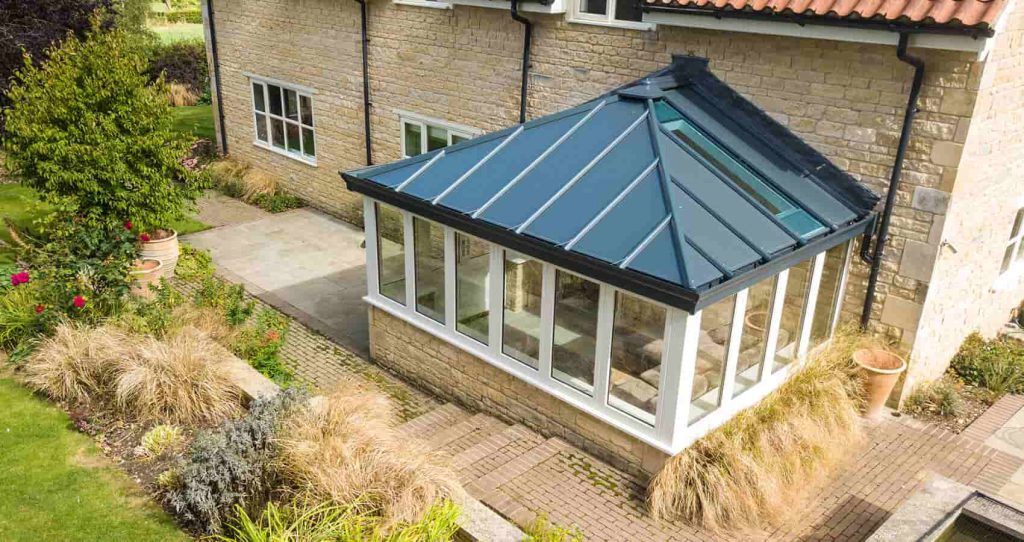 Angled shot of a traditional solid conservatory roof