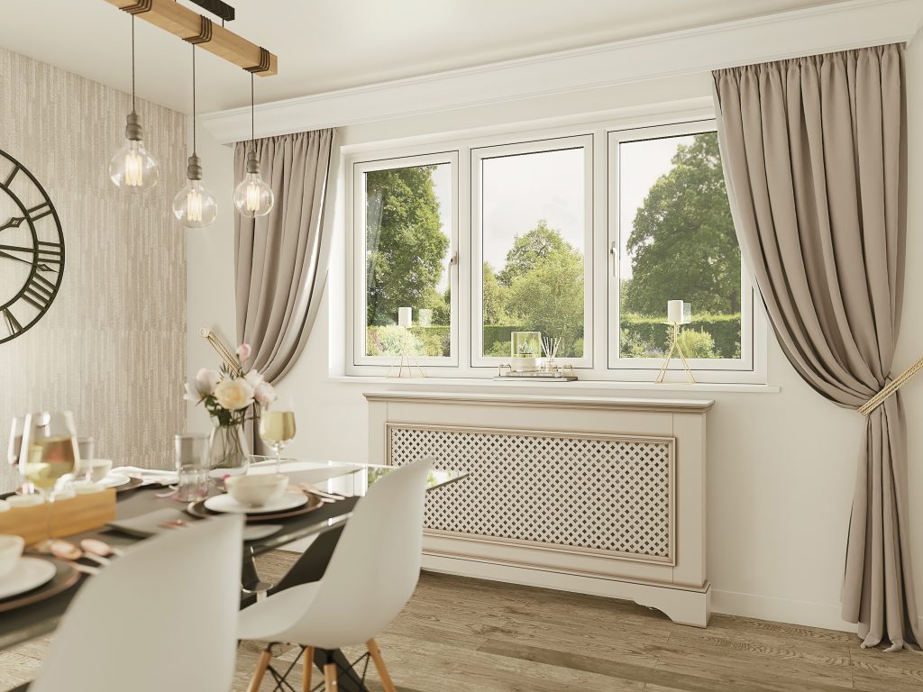 Bright dining room with a large white-framed Kömmerling window, beige curtains, and a decorated dining table
